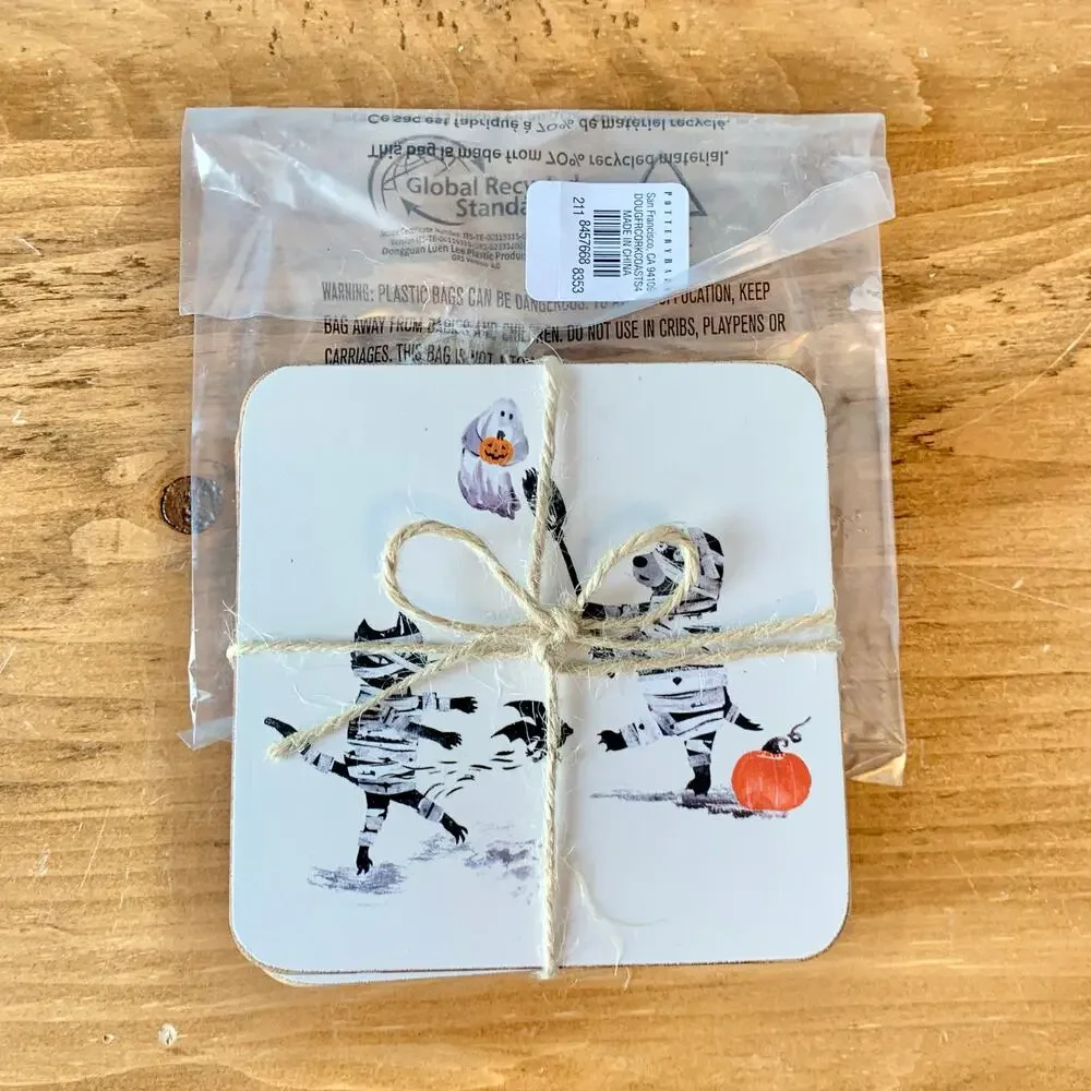 Pottery Barn Doug & Friends Coasters Cork Set of 4 Halloween Skeleton Ghost
